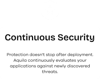 Continuous Security: protection doesn't stop after deployment. Aquila continuously evaluates your applications against newly discovered threats.