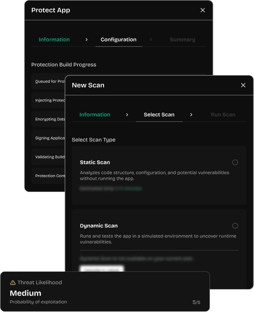 Aquila console showing an app protection build in progress and a new scan being configured