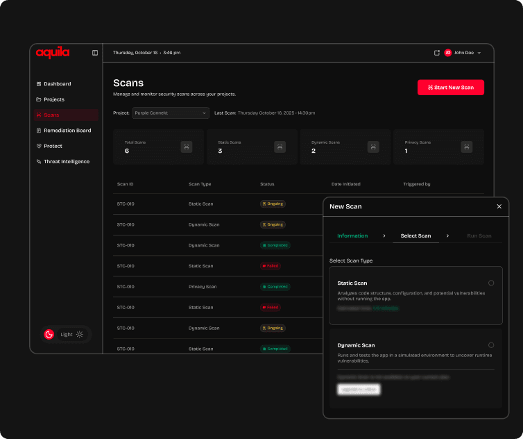 Aquila scans dashboard listing static and dynamic scan results by status